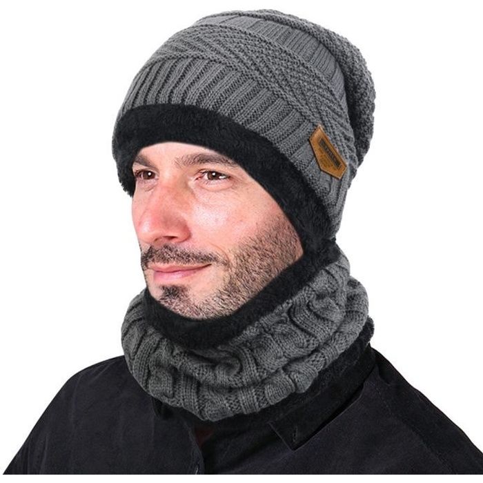 Bonnet Hommes Hiver Chaud Tricoté Ensemble Bonnet Et Foulard Gris