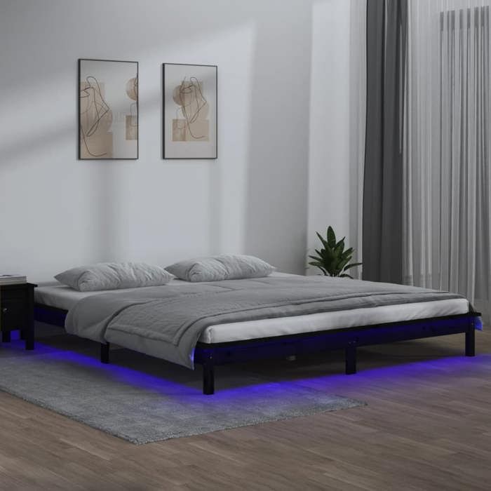 vidaXL Cadre de lit à LED sans matelas noir 200x200 cm bois massif 820630