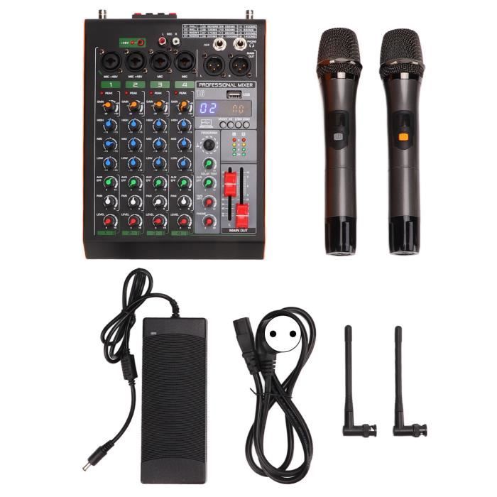 BOMGE 04E Table De Mixage Karaoké 4 Canaux - Double Micro Sans Fil UHF, Bluetooth, Effets DSP, Phantom Power +48V, USB Audio