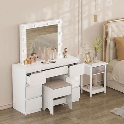 WOLTU Coiffeuse avec Miroir LED et Tabouret, Éclairage Réglable, Grande Coiffeuse avec Multiprise, 5 Tiroirs, Étagères Ouvertes, Armoire, Table de Maquillage en Bois pour Chambre, Blanc WOLTU Coiffeuse avec Miroir LED et Tabouret, Éclairage Réglable, Grande Coiffeuse avec Multiprise, 5 Tiroirs, Étagères Ouvertes, Armoire, Table de Maquillage en Bois pour Chambre, Blanc
