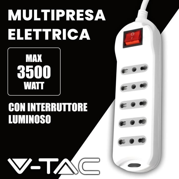 V-TAC Rallonge électrique Multiprise 5 x Schuko 10/16A 3500W + 2