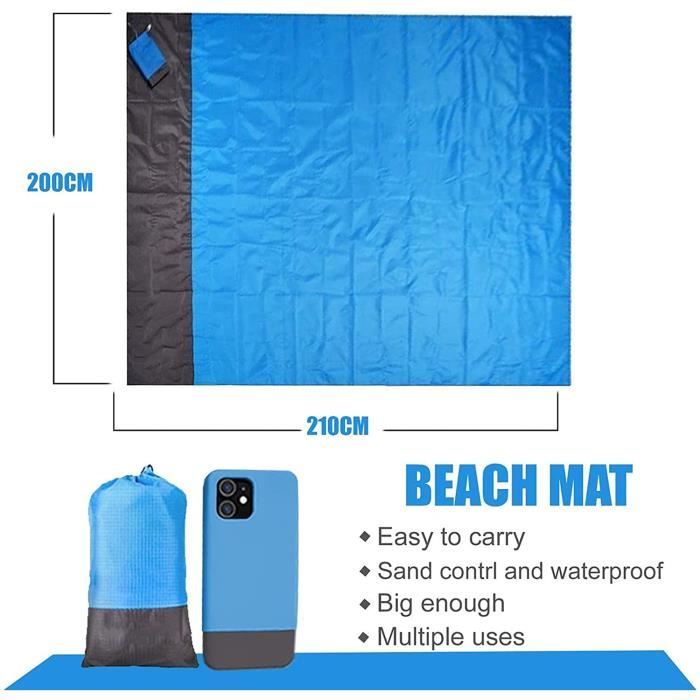 Tapis De Plage Et Pique-nique Imperméable 200x250 Cm - Anti-sable, Avec 4 Piquets Et Sac De Rangement, Pour Plage, Jardin, Camping