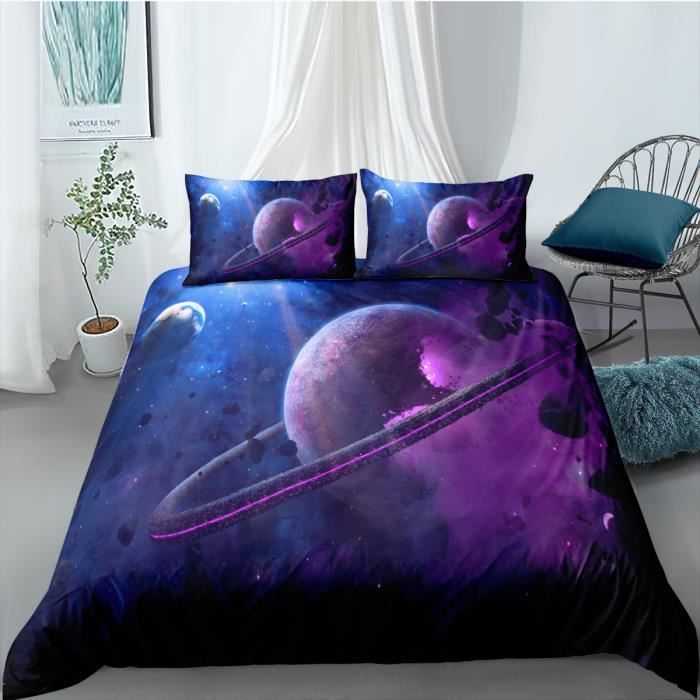 Parure De Lit 3 Pièces Imprimée Galaxie Planètes – Thème Spatial, Vue Terre Depuis La Lune – Housse De Couette + Taies D'oreiller - 14
