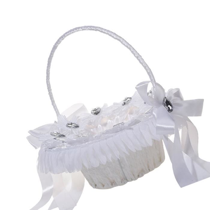 Panier Fleurs Mariage Romantique - Panier à Pétales Satin Dentelle Strass Blanc, 23x23 Cm, Pour Cérémonie Élégante
