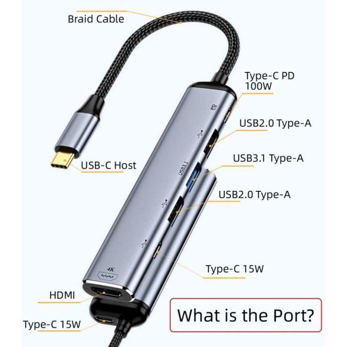 HUB avec 3 ports USB-A, 1 port USB-C et un câble d'alimentation USB-C