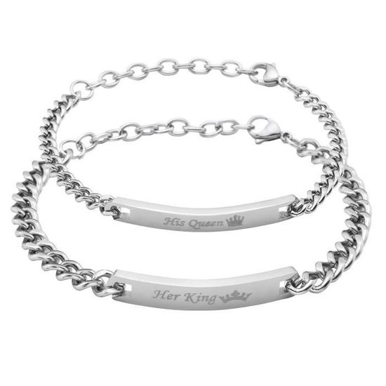 Zysta Bracelet Couple Acier Inoxydable Her King+His Queen Gravure Zircon...