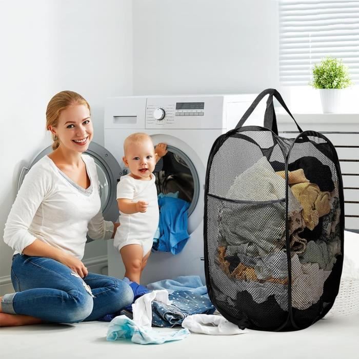 2 Pièces Pop Up Panier à Linge Pliable En Maille - Panier Sale Portable Noir - Rangement Vêtements Salle De Bain