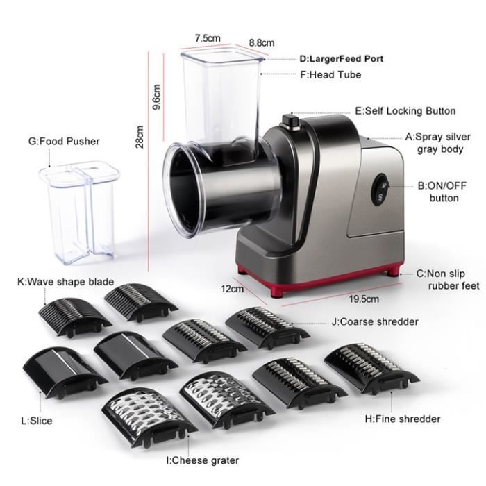 Râpe électrique à Fromage 250 W - 5 Lames Inox Amovibles - Coupe Légumes, Fruits, Noix - Commande Une Touche