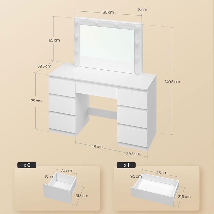 Coiffeuse Avec Miroir LED Réglable Et 7 Tiroirs - 110x40 Cm, Bois Blanc, Pour Chambre Ou Dressing