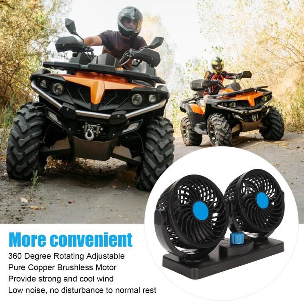 Ventilateur De Voiture Double USB 12V - 2 Têtes Réglables 3 Vitesses - Pour Refroidissement Auto - Noir Et Jaune