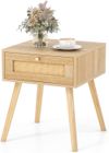 COSTWAY Table de Chevet en Rotin, avec Tiroir et 4 Pieds en Pin, 40 x 40 x 55 cm, Table de Nuit , Salon, Chambre, Bureau, Naturel