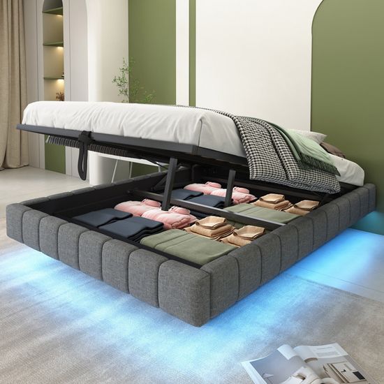 Générique Lit Coffre 140x200 Avec LED & Système Hydraulique, Cadre De Lit Avec Tête De Lit Capitonné Et Rangement, Sommier à Lattes Lattes En Bois, PU Gris, Sans Matelas