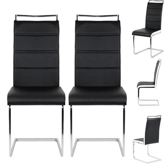 Lot de 8 chaises de salle à manger design contemporain en simili noir et métal chromé