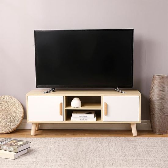 |Mixmest| Meuble TV Style Nordique Avec 2 armoires de rangement, L 110 cm, Pieds en Bois, Blanc + chêne