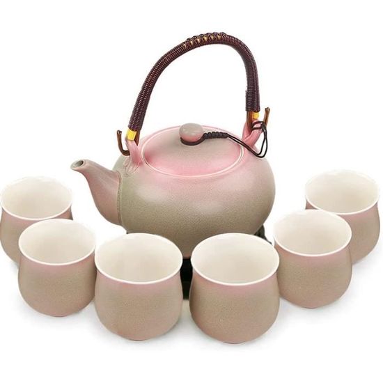Xnqelerate Service à Thé Chinois En Porcelaine Bleu – 820 Ml Théière + 6 Tasses 180 Ml + Plateau Bambou, Motifs Paysage Dorés Élégants