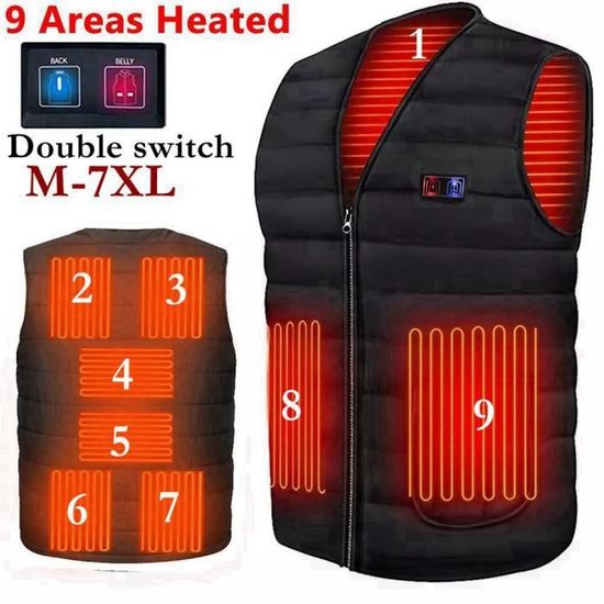 Gilet Chauffant Unisex 9 Zones - Chauffage Fibre De Carbone - Pour Travailleurs Extérieur, Randonnée, Ski (batterie Non Incluse)