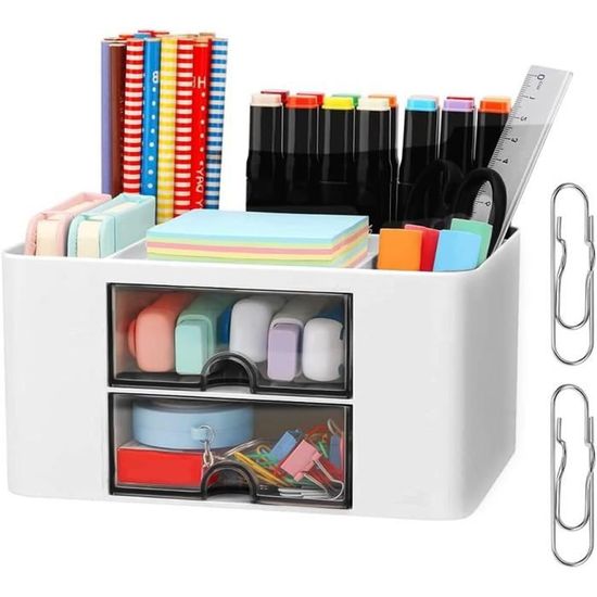 NUOBESTY - Organisateur De Bureau Blanc Avec Tiroirs, 23.4x18.3x14.2 Cm, Rangement Papeterie, Cosmétiques, Bijoux