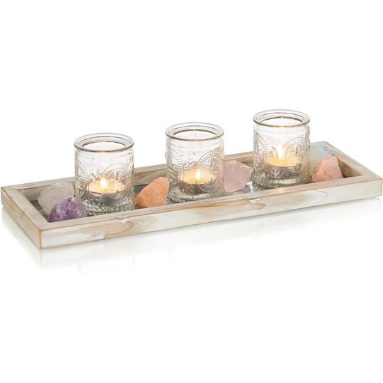 Hanobe Plateau De Service Bois Rectangulaire Blanc Vintage - Plateau Déco Boho Chic Pour Table Basse, Salle à Manger Et Cuisine