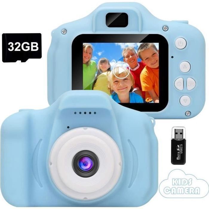 Appareil Photo pour Enfant, avec Carte TF 32 Go, Ecran à 2,0 Pouces HD, 8MP/1080P, Coque en Silicone Résistant aux Chocs, Bleu