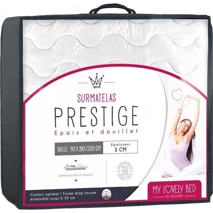 My Lovely Bed - SurMatelas Prestige 90x190/200 cm | Gonflant : Confort Moelleux | Epais et Douillet - Enveloppe 100% Coton - Lavable