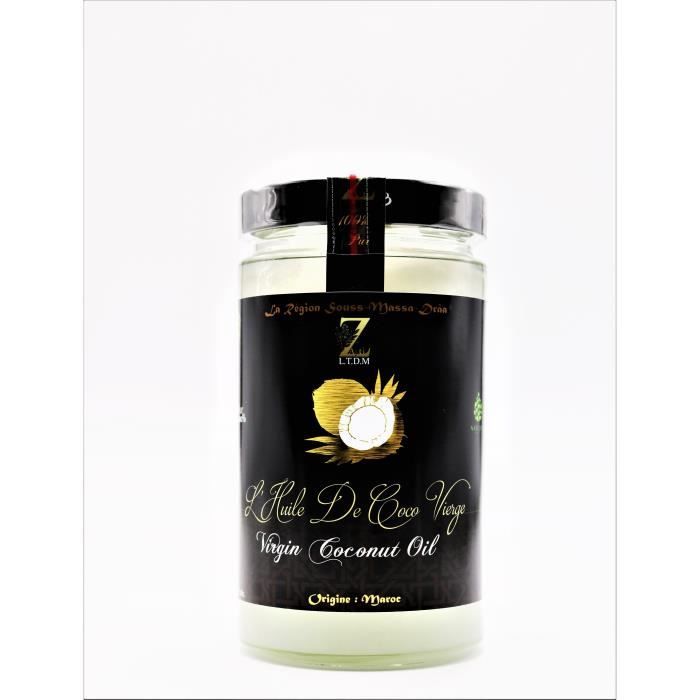 Huile de Coco Vierge 650 ml. Crue et Pressée à Froid. 100% Naturel. Huile Non Raffinée. Pays d'origine Maroc.