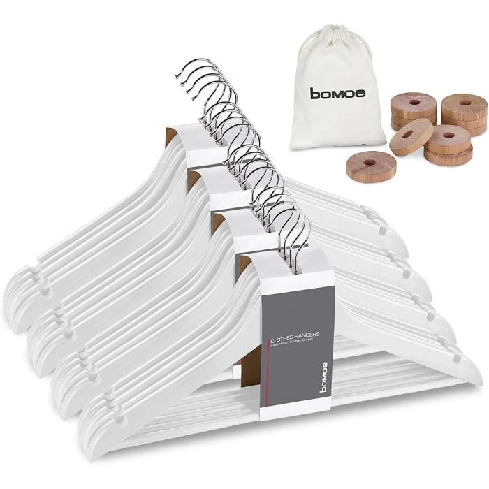 bomoe Cintres Bois Blanc - Lot de 20 Cintres Bois Adulte certifiés FSC®, pivotant de 360°, Barre en Bois antiglisse avec encoches d’