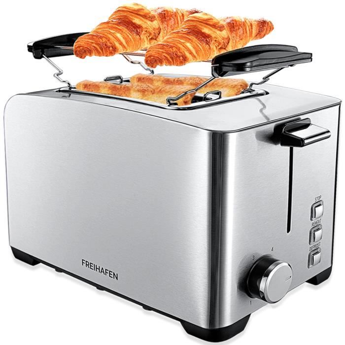 Grille pain 2 Fentes Extra-Larges, 800W Toster en Inox, 6 Niveaux Réglable, Avec fixation du petit pain et plateau ramasse-miettes
