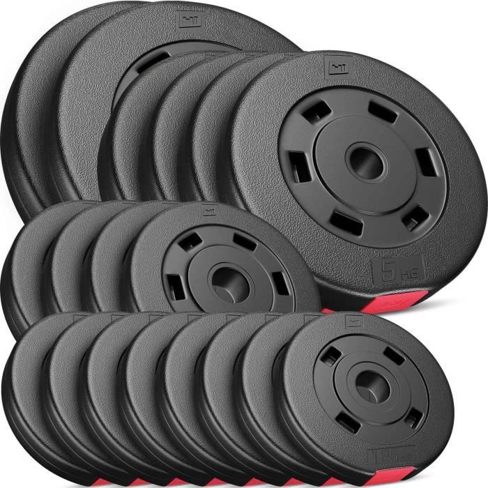 Hop-Sport Disques de Poids en Plastique 60 kg, alésage 31 mm, pour Barre d'haltères 30 mm (2x10 kg, 4x5 kg, 4x2,5 kg, 8x1,25 kg)
