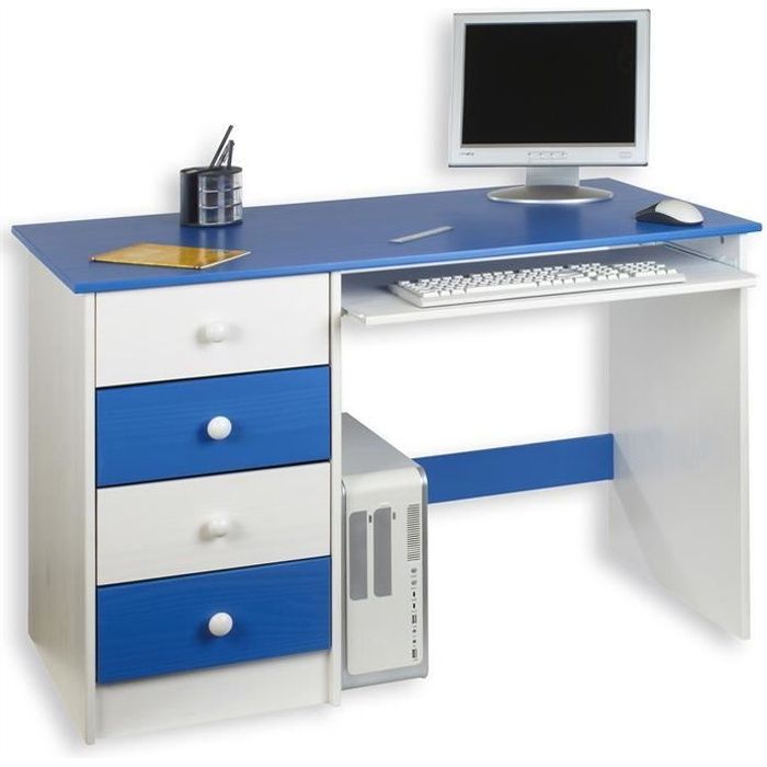 Bureau enfant MALTE, 4 tiroirs, lasuré blanc/bleu