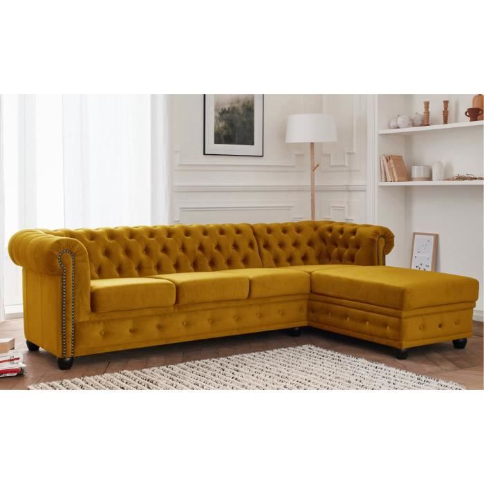 Canapé d'angle 4 places Jaune Tissu Chesterfield