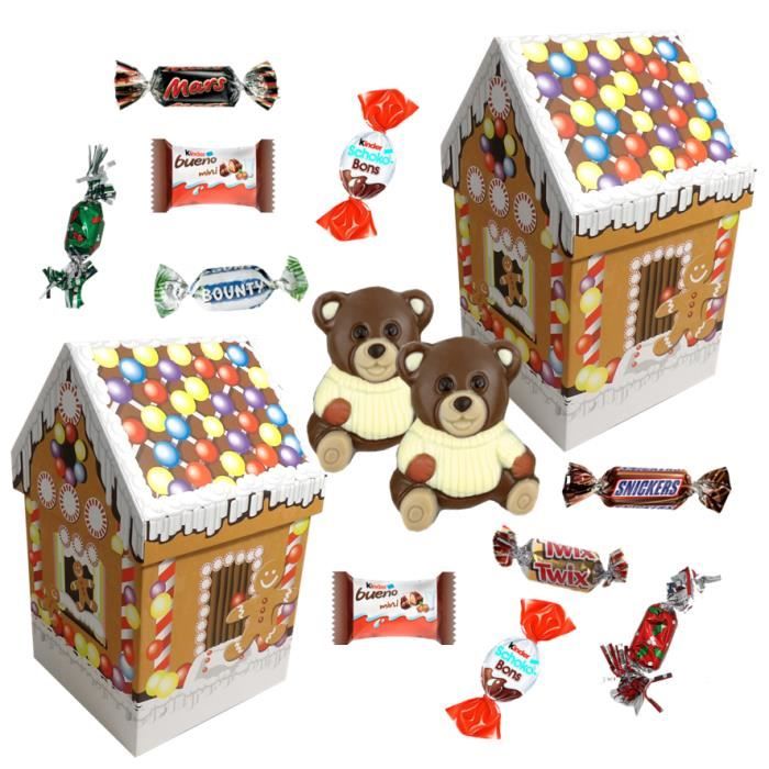 2 maisons pain d'épices garnies de 35 chocolats de Noël