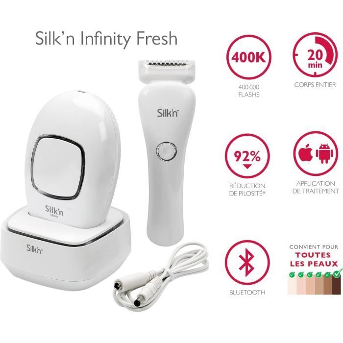 Silk'n Infinity Fresh - Epilateur lumière pulsée - Tous types de peaux - 400.000 flash - Rasoir étanche et bloc de désinfection