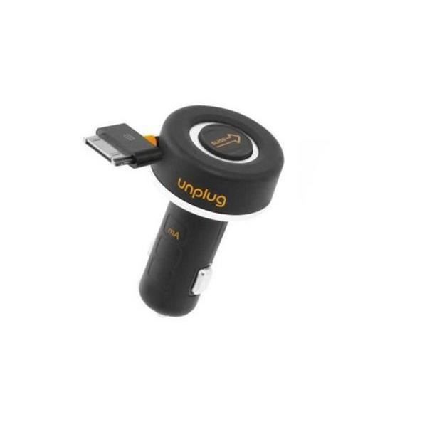 UNPLUG Chargeur allume-cigare pour iPhone / iPod / iPad - avec enrouleur et port USB - Noir