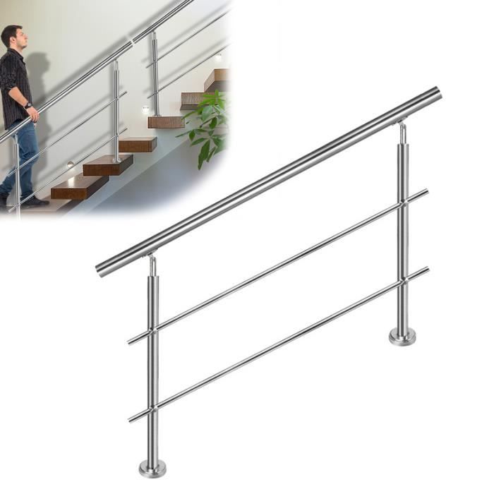 YUENFONG Rampe d'escalier en acier inoxydable pour escaliers, balcon, intérieur et extérieur, argent (180 cm, avec 2 traverses)