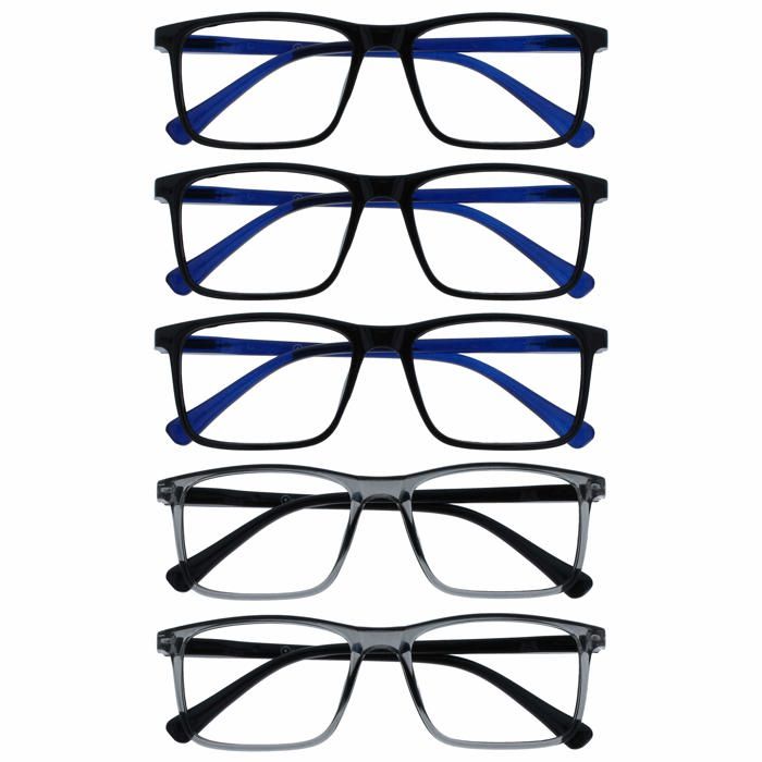 OPULIZE — Lot de 5 lunettes de lecture +150 cerclées noir/branches bleues et gris transparent