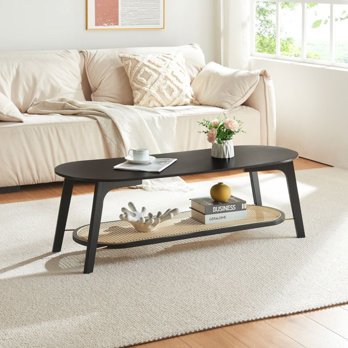 Table basse de salon Taivalkoski bambou 120 x 43 x 40 cm noir effet rotin