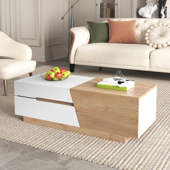 Table basse coulissante avec tiroirs et compartiments rangement Design contemporain 120x50x375cm Bois