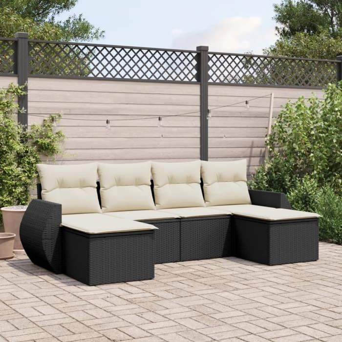 vidaXL Salon de Jardin avec Coussins 6 pcs Canapés de Terrasse Ensemble de Meubles de Patio Mobilier dExtérieur Noir 3254053