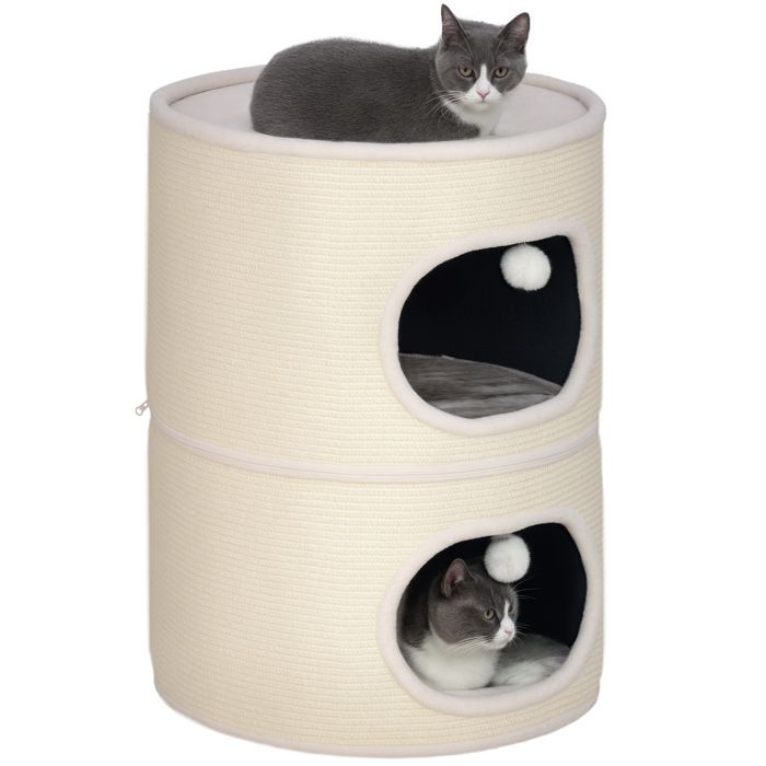 Comparer les prix de Tour pour chat - Pawhut - séparable en deux avec fermeture éclair - 3 niveaux - coussins, balles suspendues - hauteur 69 cm - crème