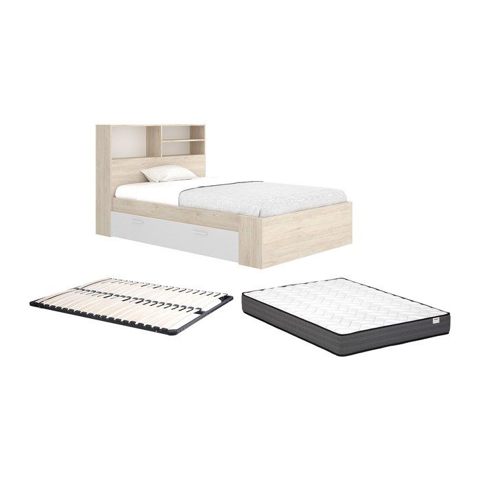 Lit 120 x 190 cm avec rangements - Coloris : Naturel et blanc + Sommier + Matelas - VARDIEL