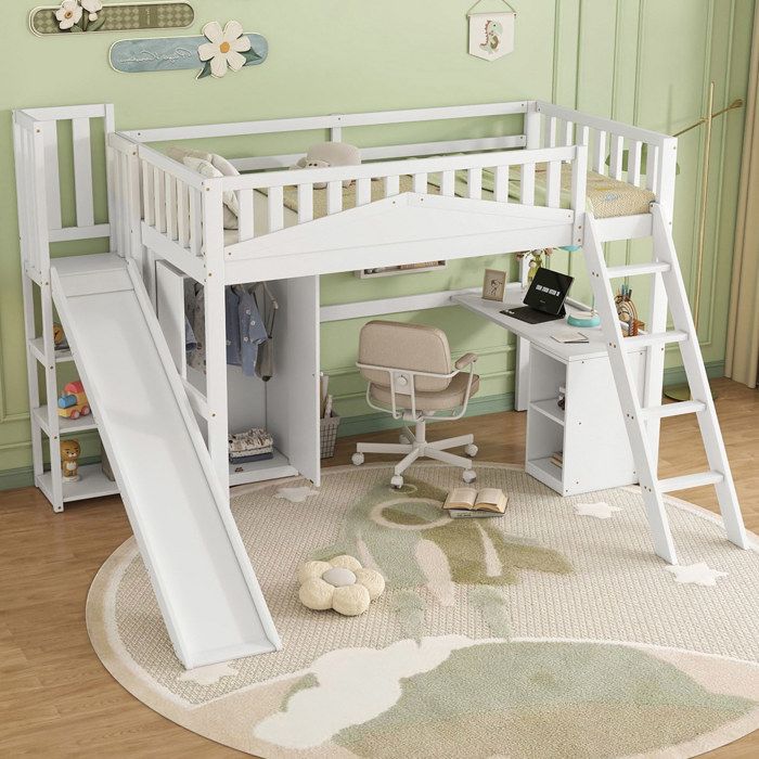 Lit Superposé Bébé 90x200cm Protection Antichute Table + Penderie Rangement Échelle Quadruple Pin+MDF Blanc(sans Matelas)