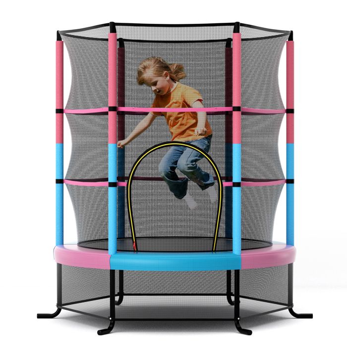 COSTWAY Trampoline de Jardin pour Enfants Ø165CM avec Filet de Protection Appuis de Ressorts et Structure en Acier Macaron