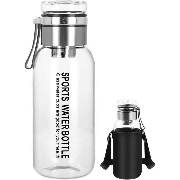 Bouteille deau 1 Litre Transparente Bouteille deau en Verre Borosilicate avec Sac de Bouteille deau Bouteille avec Filtrant