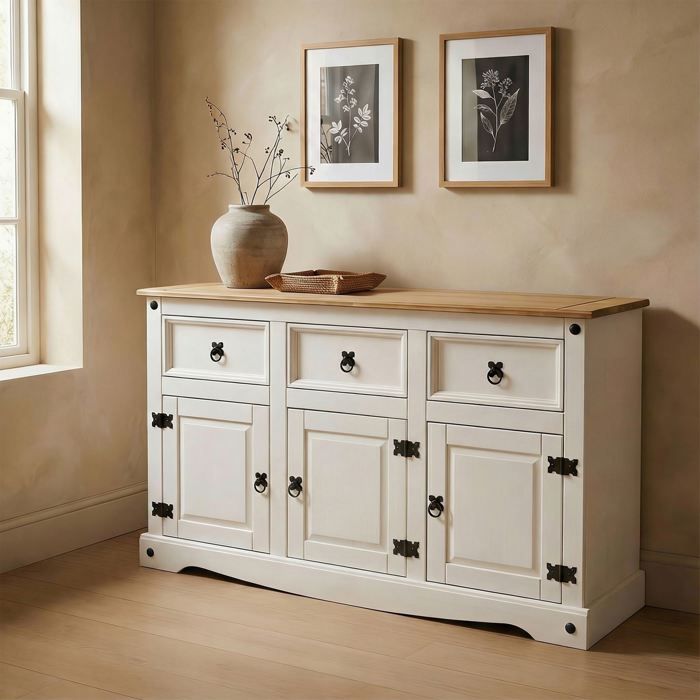 Buffet salle &agrave; manger CAMPO en bois massif L 125 cm avec 3 portes battantes et 3 tiroirs spacieux blanc et brun 