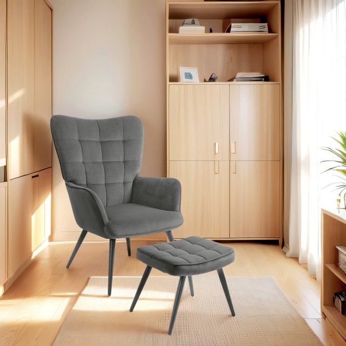 Fauteuil à Oreilles Et Tabouret Assorti - Velours Vert Foncé - Lot De 2