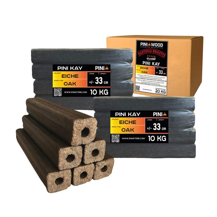 PINI Kay Briquettes De Bois De Chêne 23 Cm De Long Carrées Avec Trou D'extraction 22,5 Kg Briquettes De Bois Dur Bois De Chauffage Briquettes De Bois Chêne Cheminée Four Foyer Barbecue