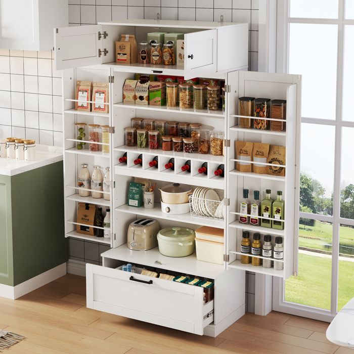 Armoire de Rangement Alimentaire Buffet de Cuisine Garde-Manger de Cuisine Blanc avec Tiroir Étagères Réglables et Porte-Bouteilles