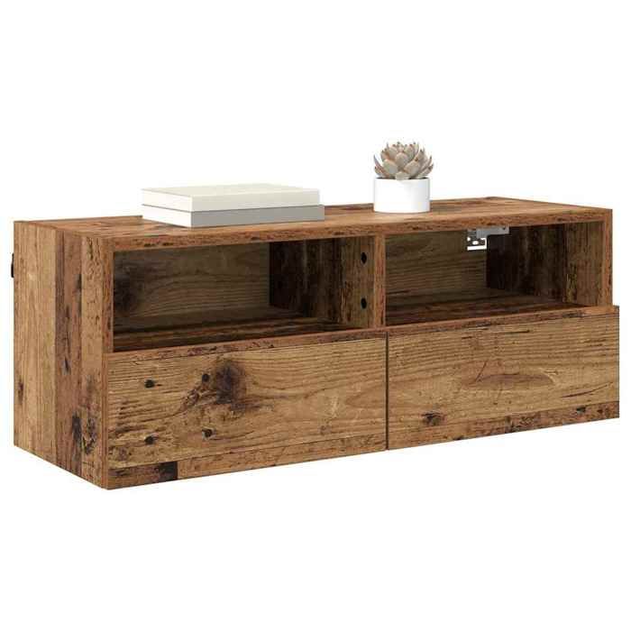Meuble TV mural - vidaXL - Bois ancien - Bois dingénierie - 80x30x30 cm - 2 portes - 4 étagères - Montage mural