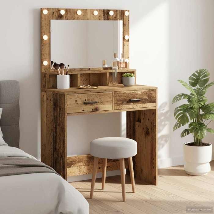 Coiffeuse en bois dingénierie - vidaXL - 79x41x135 cm - Bois ancien - Miroir intégré - Éclairage LED - Tiroirs spacieux