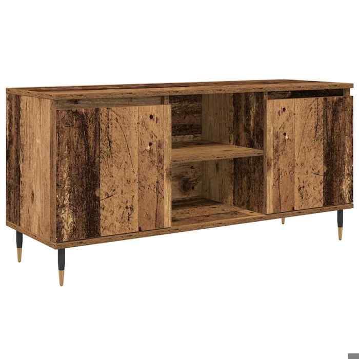Meuble TV en bois dingénierie - vidaxl - 104x35x50 cm - Bois ancien - 2 portes - 2 étagères - Poids maximal 60 kg
